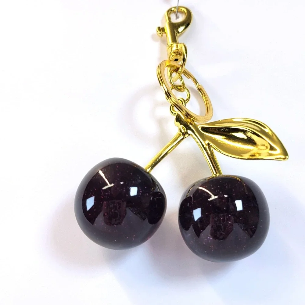 Cherry Bag Charm Glitter Resin Gold Hardware Dark Purple Womens Goth Whimsical